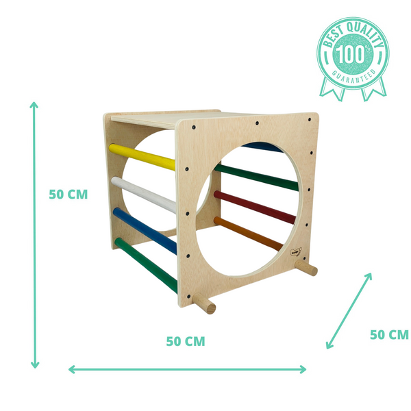 Cubo de Escala Metodología Pikler en color de Madera + Rampa Presas. Med: 50 x 50 x 50 CM. CUBO ESCO01. Woodgo.